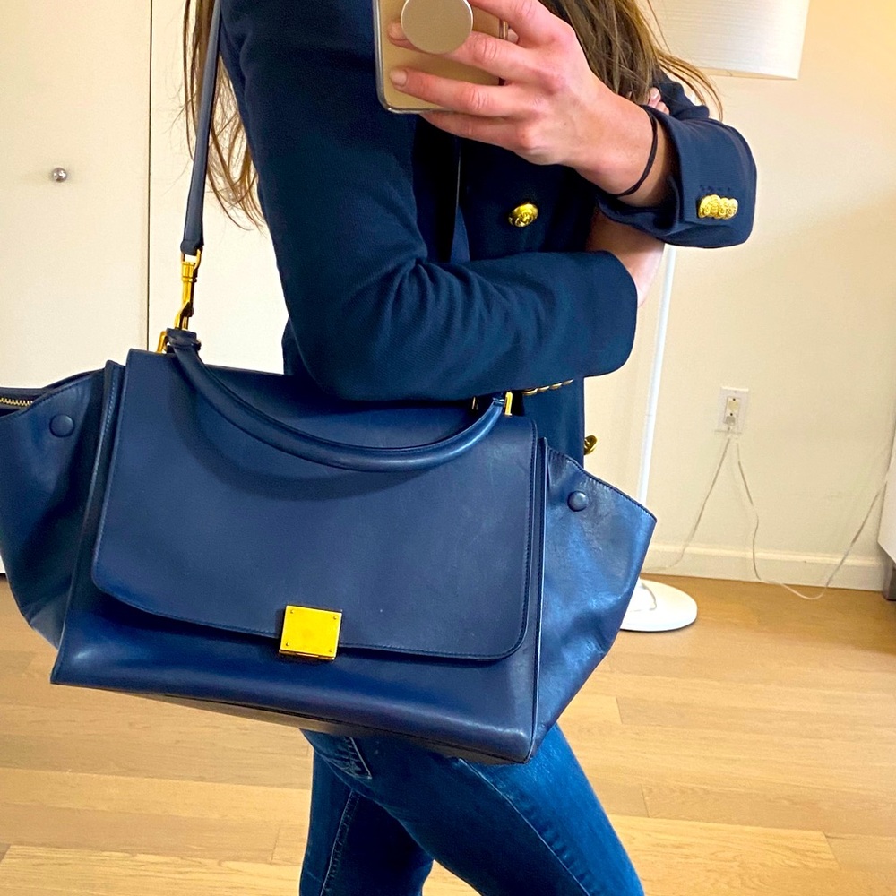 Celine Trapeze Bag Medium Navy Blue Leather